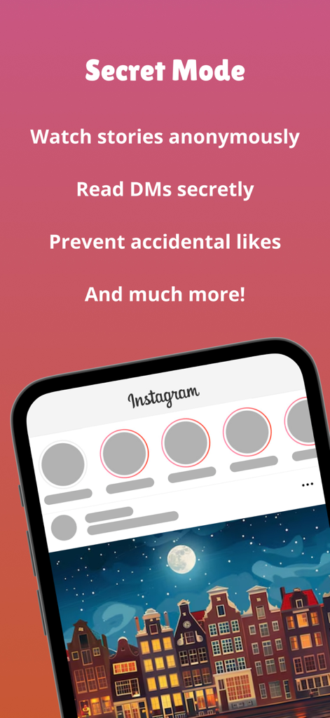 Captura de pantalla de la aplicación Twitly resaltando las funciones del modo secreto para ver historias de Instagram anónimamente y leer mensajes directos en secreto