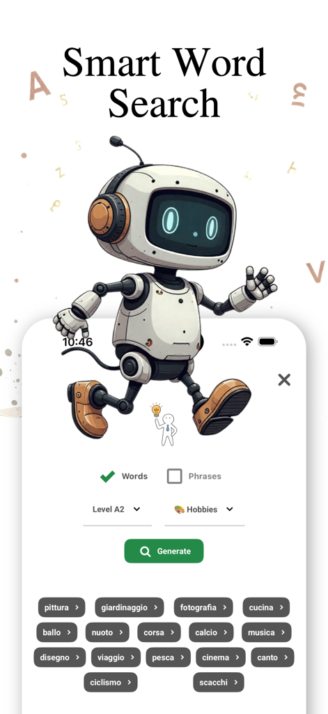ItalicoAI smart word search screen showing Italian vocabulary tags for hobbies and a level selector.