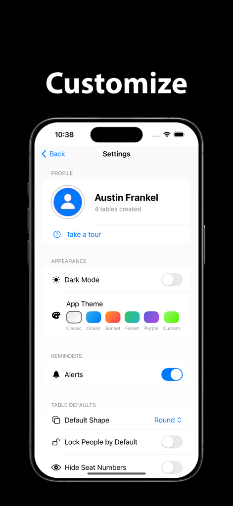 Pantalla de configuración de la aplicación Seat Maker que muestra temas de apariencia y opciones de configuración predeterminada de mesas