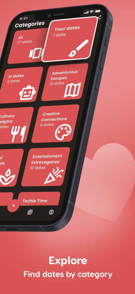 Scratch The Date - AIデートや冒険的な脱出などのさまざまなデートカテゴリを示すモバイルアプリのインターフェース。