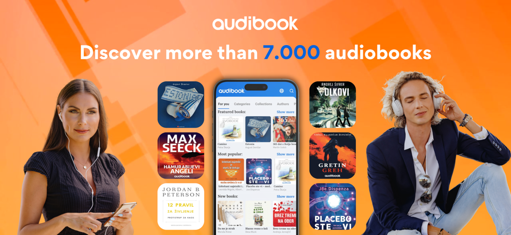 Audibook - Promo banner for Audibook app showcasing a library of over 7000 audiobooks with users listening on headphones