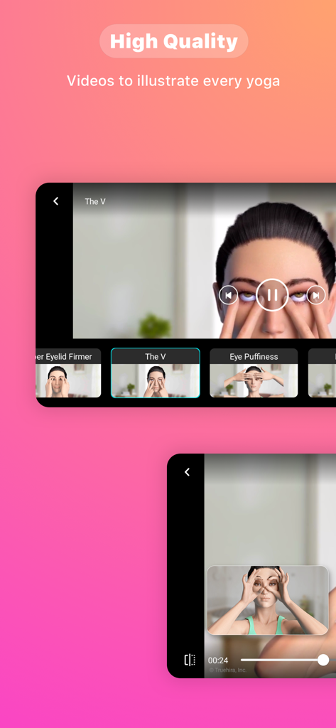 Demonstrações em vídeo de alta qualidade de exercícios de ioga facial, incluindo 'The V' e remédios para inchaço nos olhos.