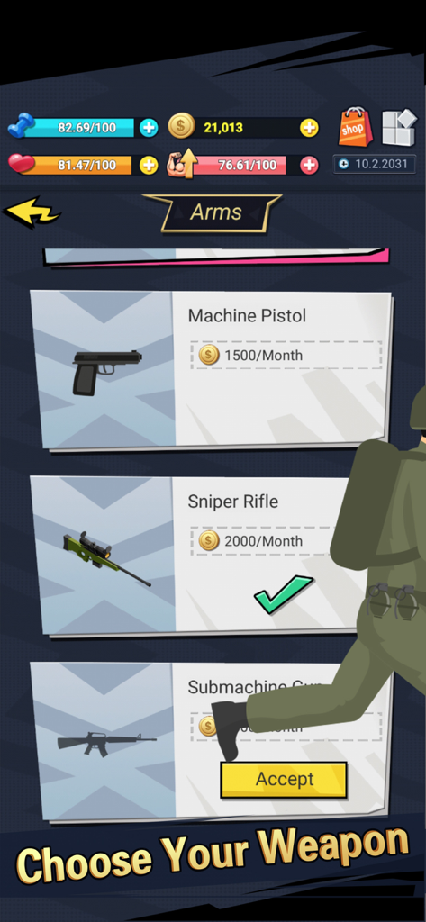 Weapon selection screen in Soldier Life Simulator Games showing options for a machine pistol and sniper rifle.