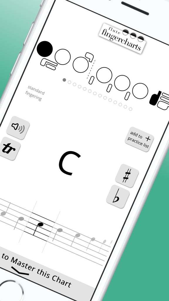 Fingercharts - Fingerchartsアプリの画面ショット。フルートの指孔図とハ音符の五線譜が表示されています。