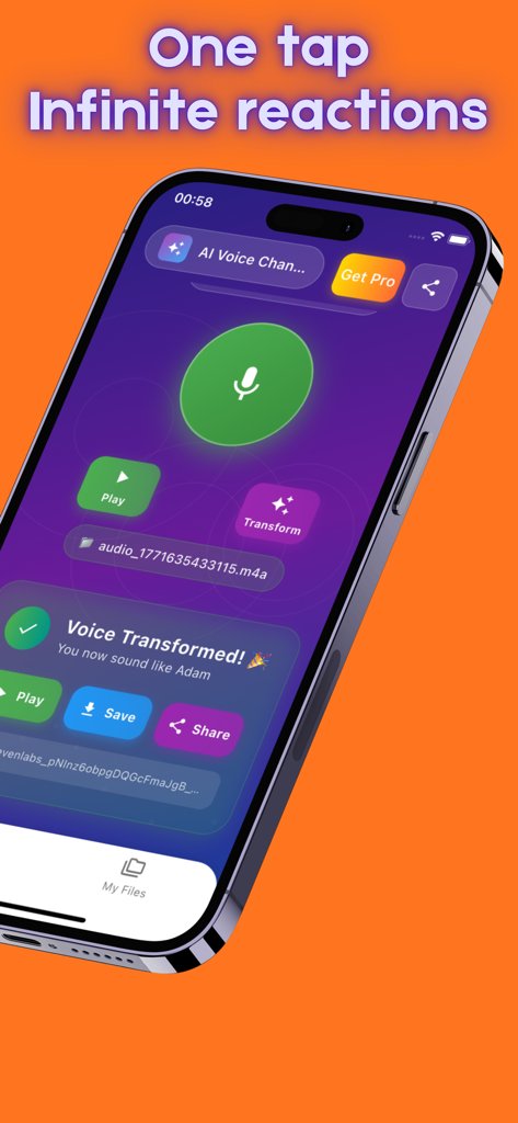 AI Voice Changer interface showing a voice transformed to sound like Adam with buttons to play save and share