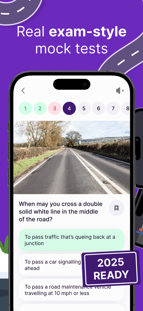 Driving Test Theory Kit 2026 - Bildschirm der Fahrtheorieprüfungs-App, der eine Scheinprüfungsfrage zu doppelten durchgezogenen weißen Linien auf einer Straße zeigt