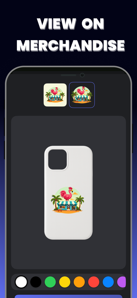 Logo Maker AI - Brandly - Brandly app interface displaying a flamingo logo on a white phone case merchandise mockup.