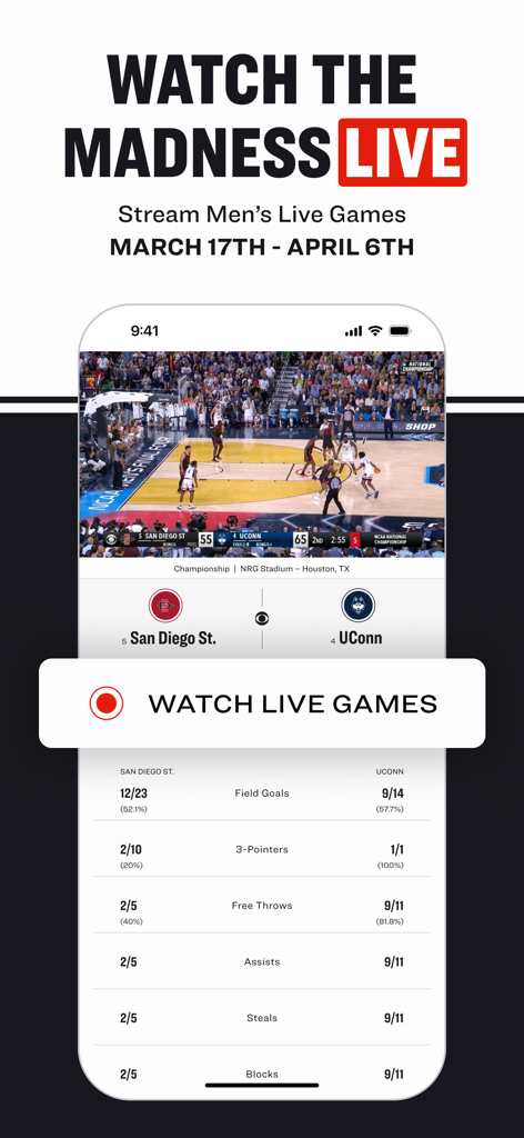 Pantalla de smartphone mostrando la aplicación NCAA March Madness Live con una transmisión de juego de baloncesto y estadísticas de partidos en vivo
