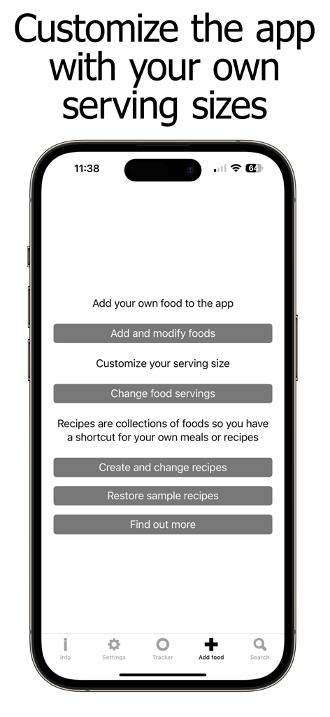Carb Counter and Tracker - A screenshot of the Carb Counter and Tracker app showing the customization options for adding foods and recipes.