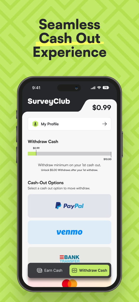 Survey Club - Survey Club mobile app screen showing cash out options including PayPal and Venmo with a balance progress bar