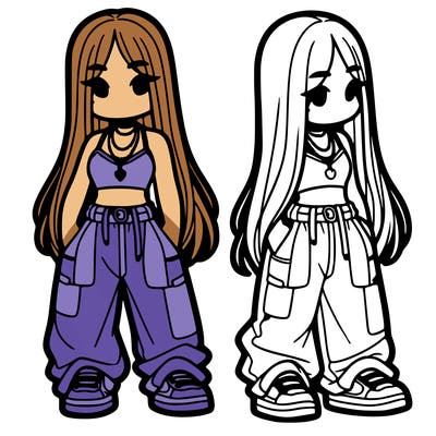 girl in baggy pants crop top and long hair