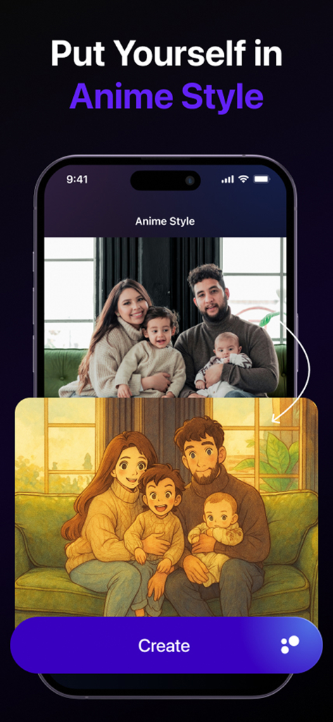 TrendY AI Video Maker - Dance - Una foto familiar transformada en una ilustración de anime usando la aplicación TrendY AI Video Maker