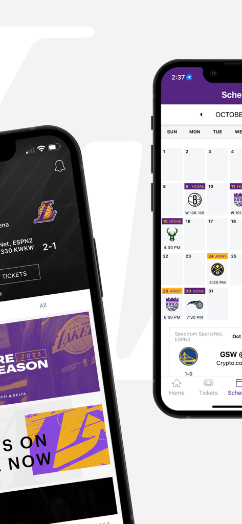 LA Lakers Official App - LA Lakers公式アプリのゲームスケジュールとチケット販売インターフェースを表示する2つの携帯電話画面
