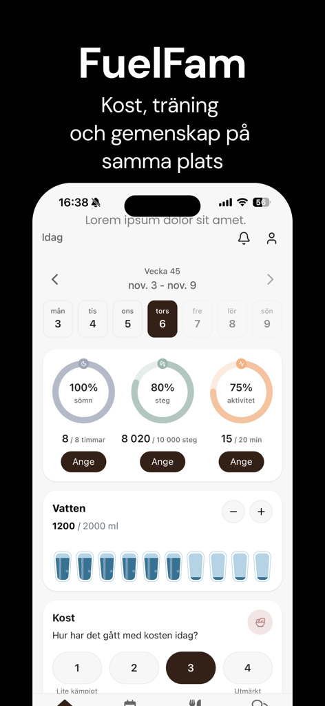 FuelFam - FuelFam app interface showing a dashboard with sleep, steps, activity, and water intake tracking metrics.