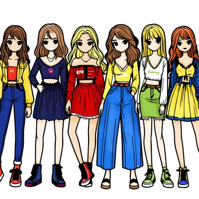 a group of realistic girls standing together in a line