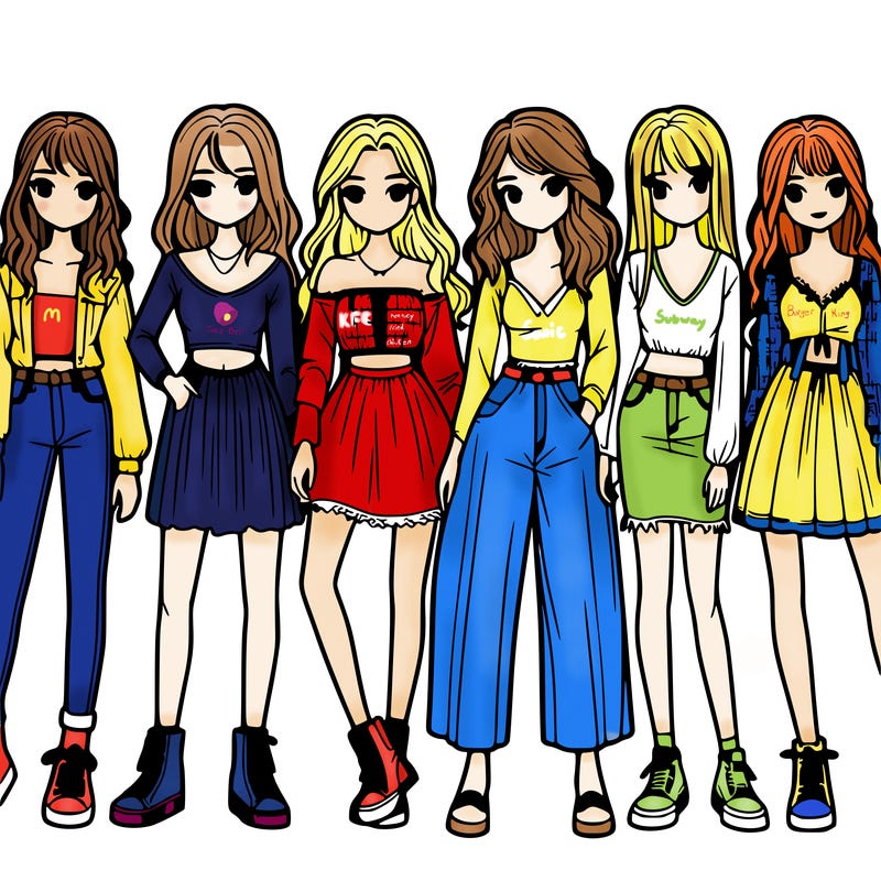 a group of realistic girls standing together in a line