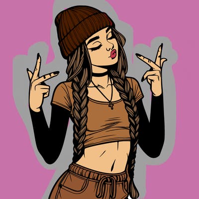 realistic teenage girl with braids and a beanie and crop top doing 🫶🏼