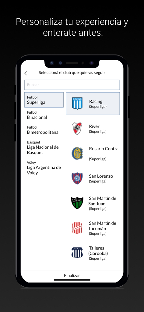 Schermata dell'app mobile che mostra un elenco di club di calcio argentini come River e Racing tra cui gli utenti possono selezionare e seguire