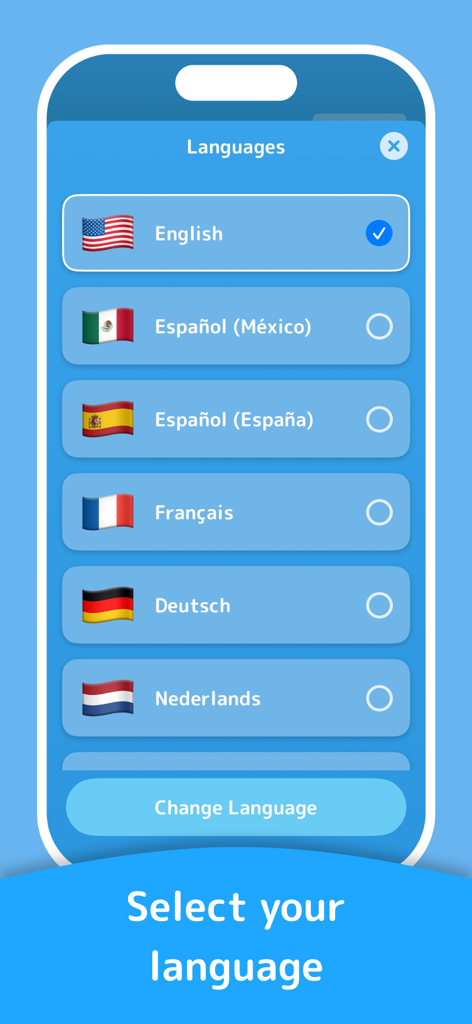 Charades - Family & Party Game - Pantalla de selección de idioma en la aplicación del juego de fiesta Charades con opciones para inglés, español, francés, alemán y holandés