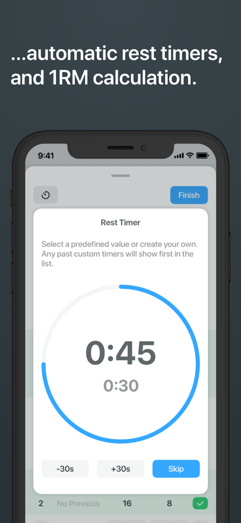 Strong workout tracker app showing an automatic rest timer interface with a circular countdown and manual adjustment buttons