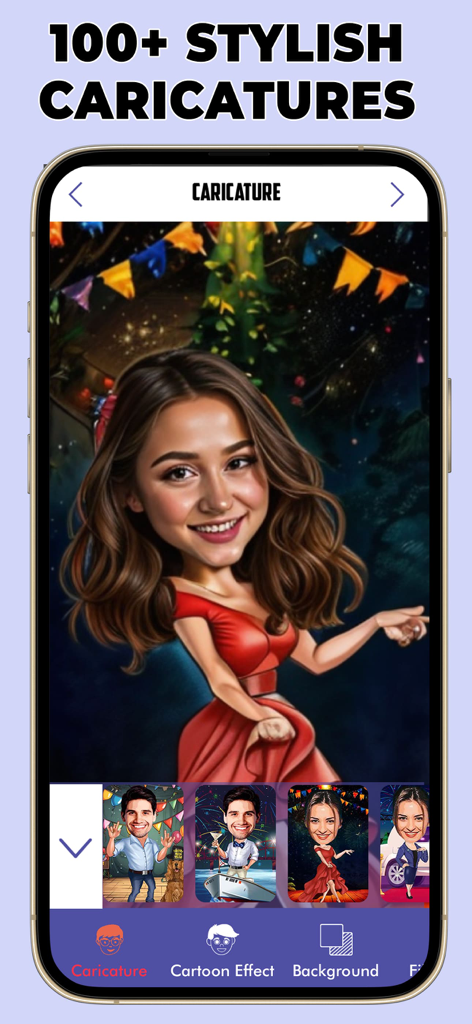 Photo To Caricature Maker - 赤いドレスを着た女性のスタイリッシュな漫画似顔絵を表示するスマートフォンの画面