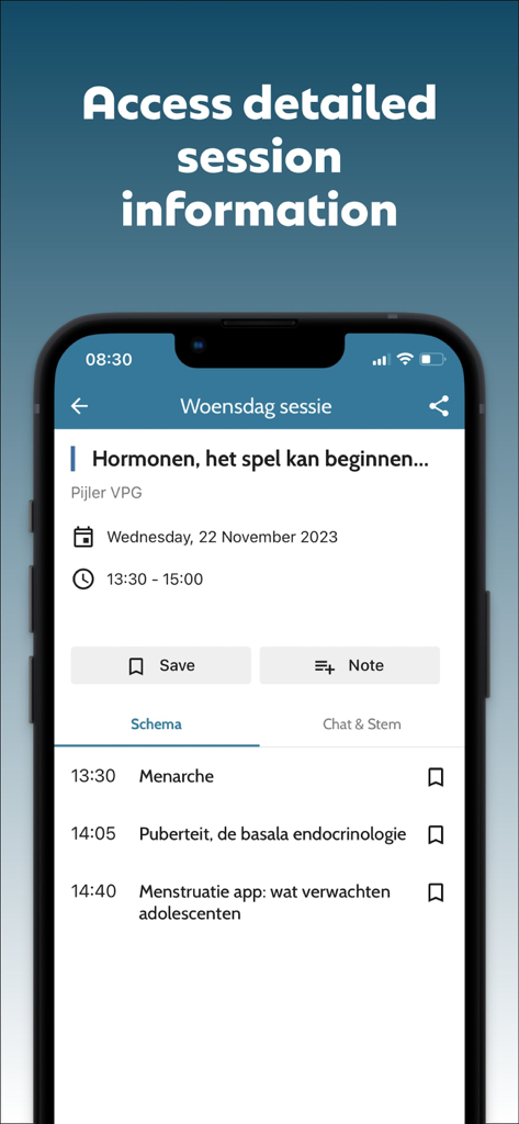 Status Plus - A mobile screen from the Status Plus app displaying detailed information for a medical conference session including schedule and speaker notes