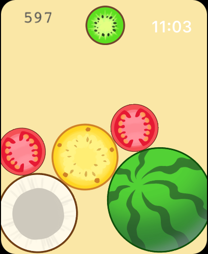 Merge Watermelon for watch - Gameplay of Merge Watermelon on an Apple Watch showing various fruits like watermelon kiwi and pineapple