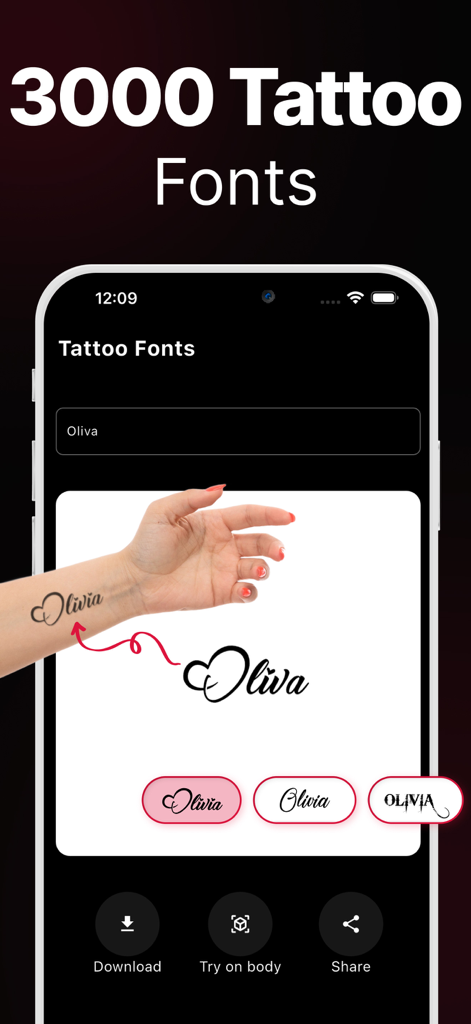 Interfaz de AI Tattoo Generator mostrando estilos de fuente para un tatuaje de nombre en una muñeca