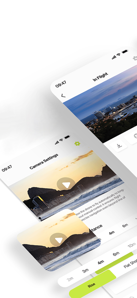 飛行およびカメラ設定を表示するWiFi CAMドローン遠隔操作アプリのスマートフォンインターフェース