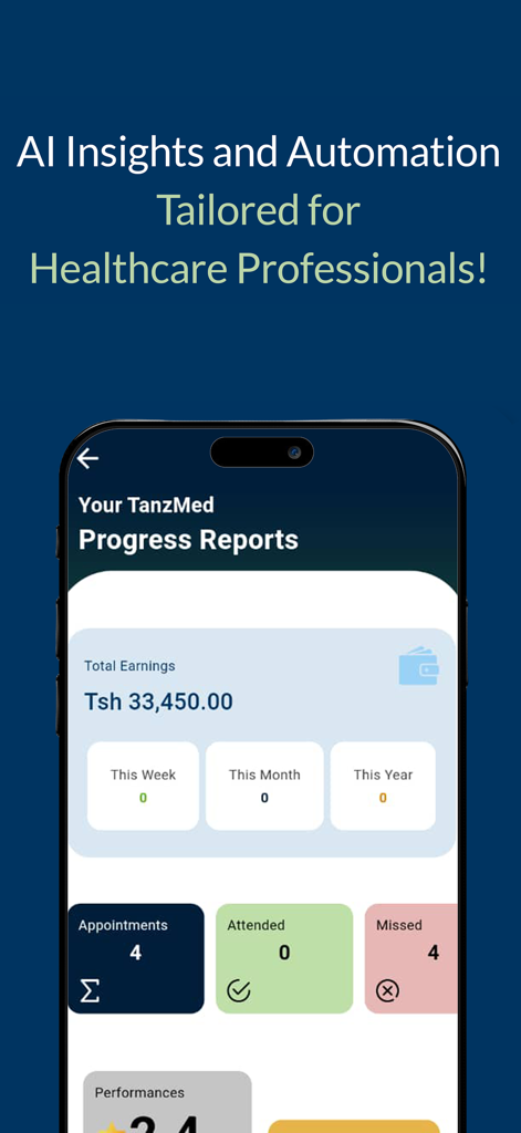 TanzMED Business app interface showing progress reports with total earnings and appointment analytics.