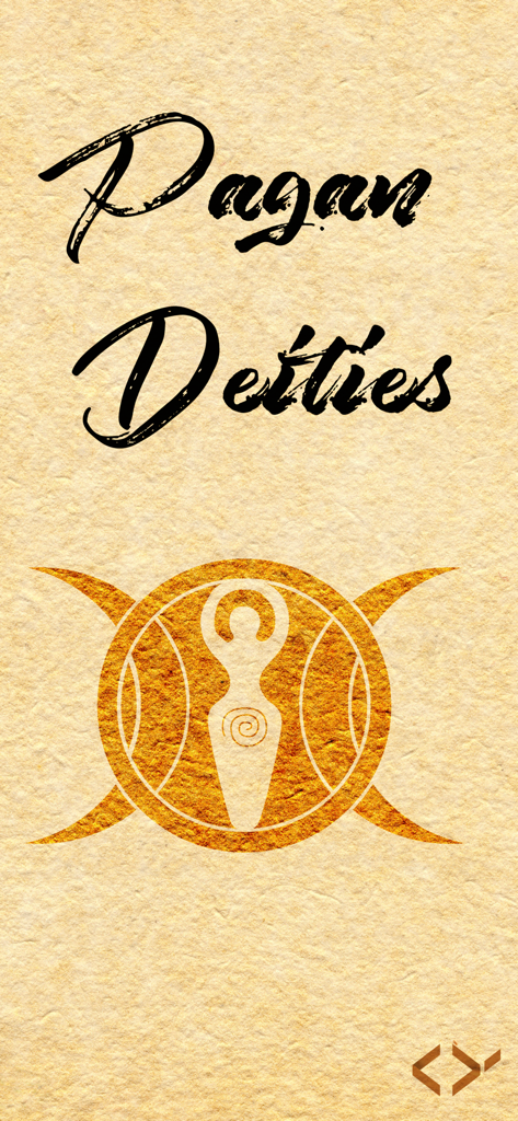 Pagan Deities - Pagan Deities app splash screen featuring a stylized goddess symbol and script title on a parchment background