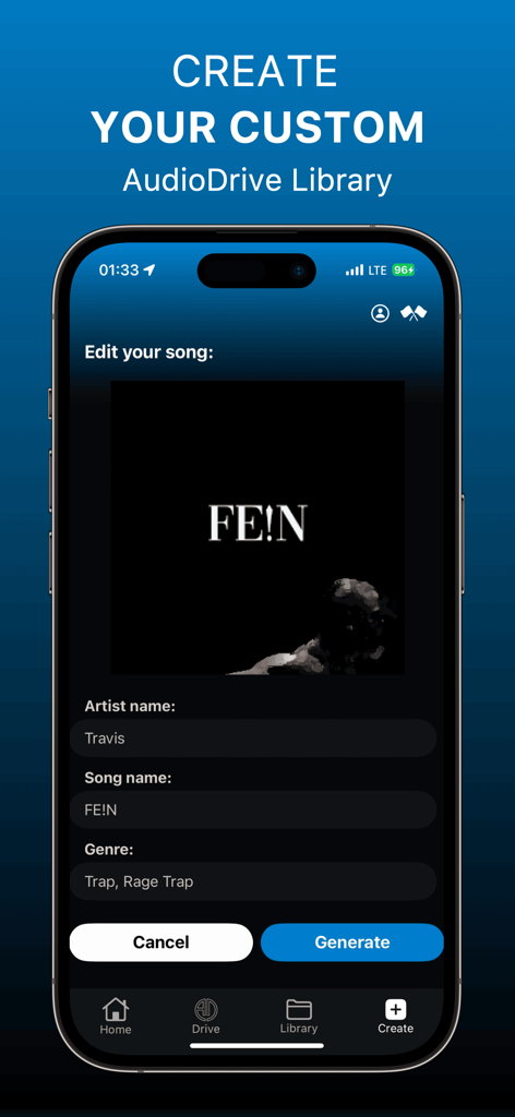 AudioDrive: Drive & Make Music - Interfaz de creación de la aplicación AudioDrive que muestra la pantalla de creación para editar detalles de la canción como el nombre del artista, el nombre de la canción y el género