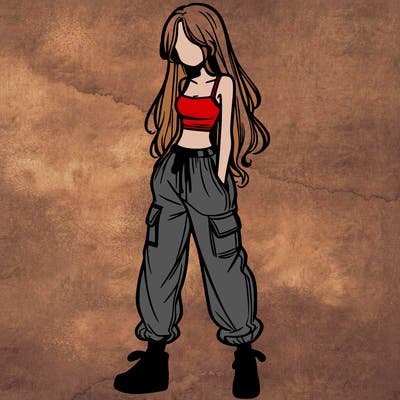 girl in baggy pants crop top and long hair