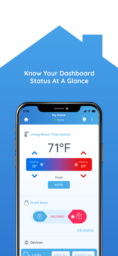 Rently Smart Home - Rently Smart Home app dashboard displaying thermostat and door lock status