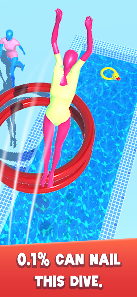 A pink character in Flip and Dive 3D jumping through red rings into a swimming pool