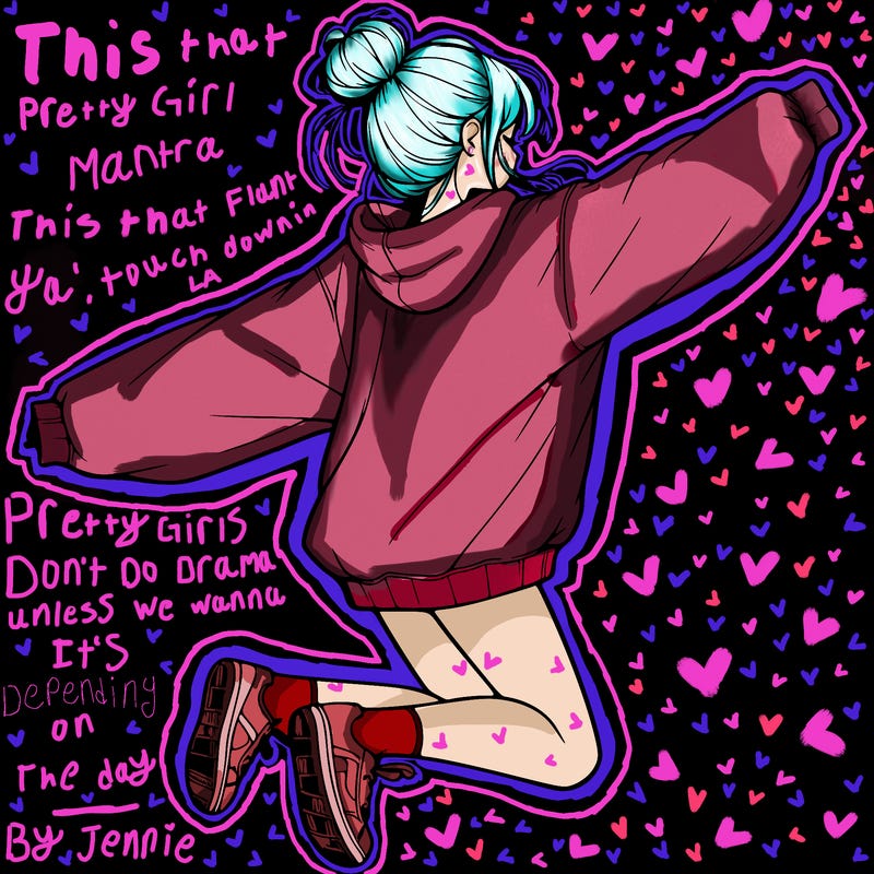 realistic girl jumping with a bun and oversized sweatshirt