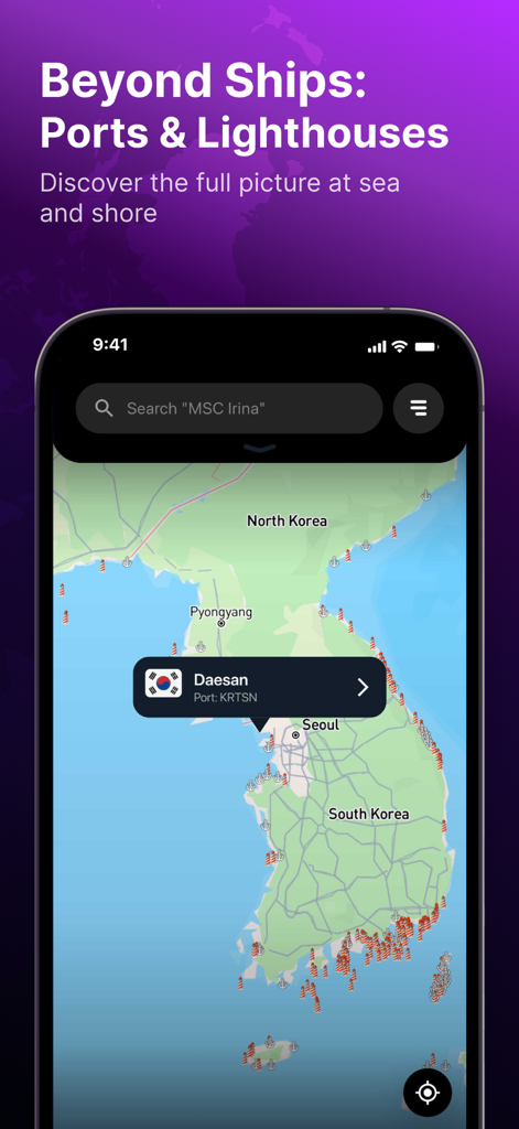 Interface de l'application MarineRadar affichant les emplacements des ports et des phares sur une carte côtière