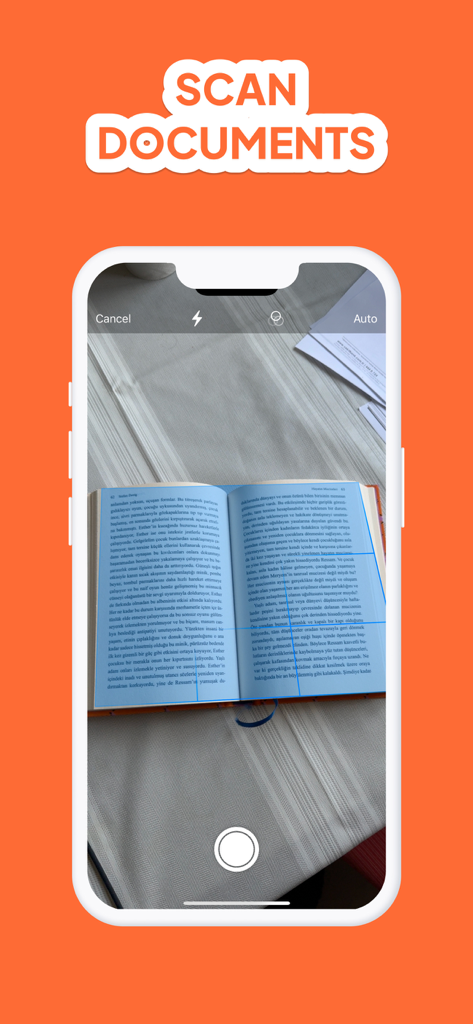 PDFKit: Convert Picture to PDF - Pantalla del iPhone mostrando la aplicación PDFKit escaneando un libro abierto sobre un fondo naranja