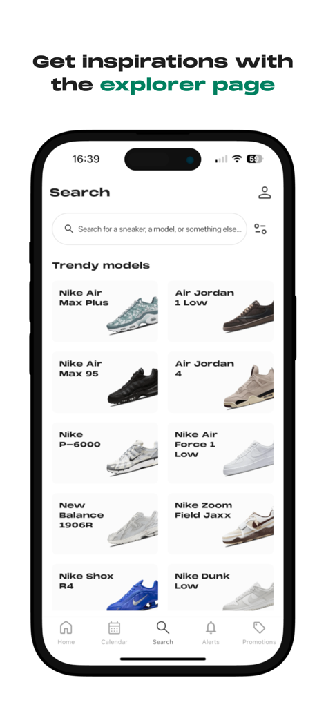 WhenToCop? - Page explorateur de l'application WhenToCop montrant des modèles de sneakers tendance et une barre de recherche pour le streetwear.