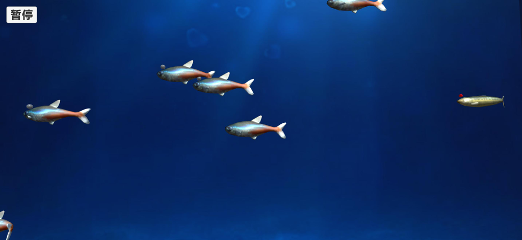 Un grupo de pequeños peces 3D nadando en un entorno de océano azul profundo dentro del juego.
