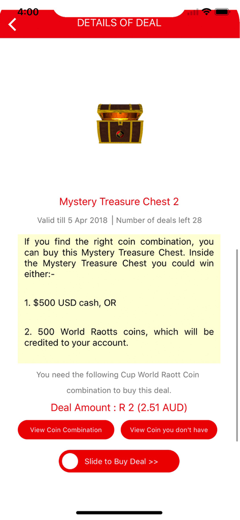 Screenshot of the World Raott app showing details for a Mystery Treasure Chest deal with prize options and a purchase slider.