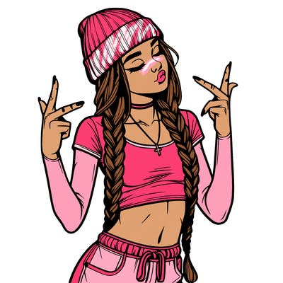 realistic teenage girl with braids and a beanie and crop top doing 🫶🏼