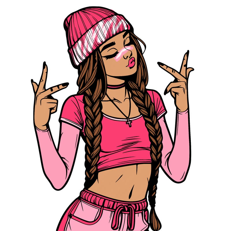 realistic teenage girl with braids and a beanie and crop top doing 🫶🏼
