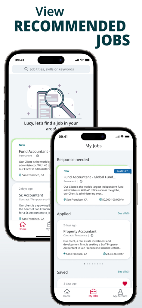 Application mobile Robert Half montrant les offres d'emploi recommandées et la gestion des candidatures.
