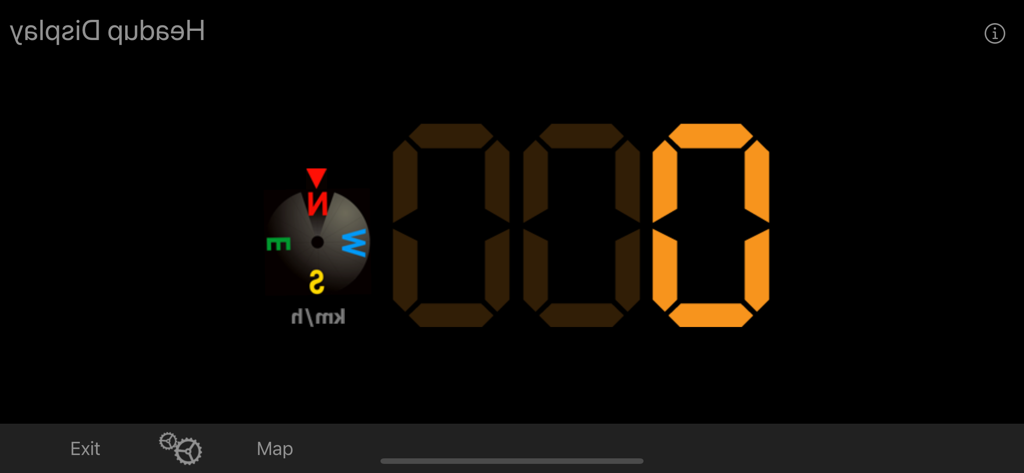 Headup Display - Mirrored digital speedometer and compass interface of the Headup Display app for car windshield reflection