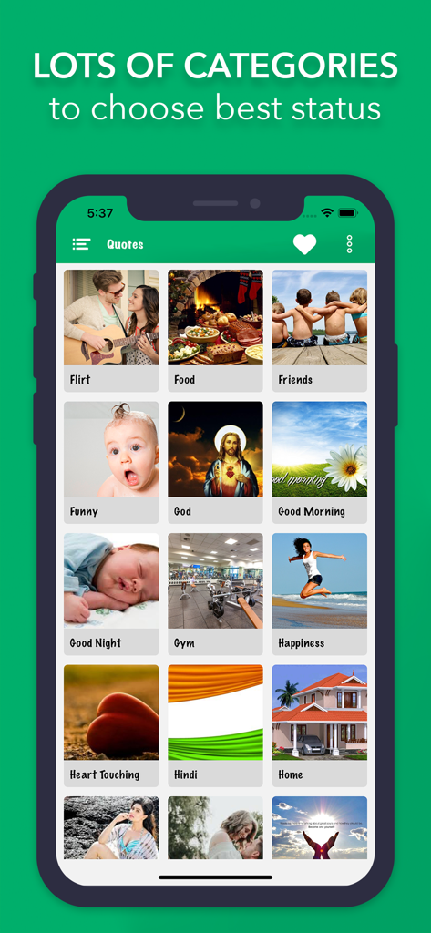 Capture d'écran de l'application Status Save affichant diverses catégories comme "Amis", "Drôle" et "Bonjour" pour choisir des statuts de réseaux sociaux.