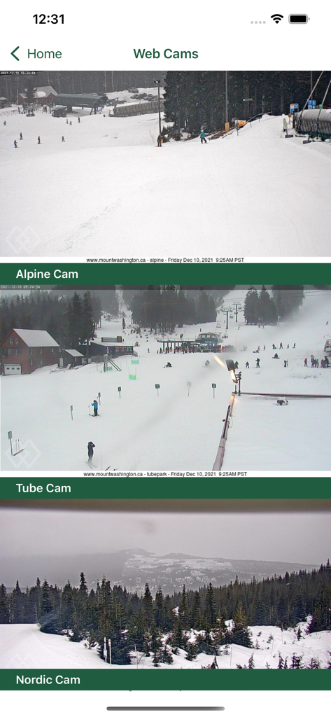 Live-Kamera-Feeds für die Alpine Tube- und Nordic-Bereiche im Mt Washington Alpine Resort