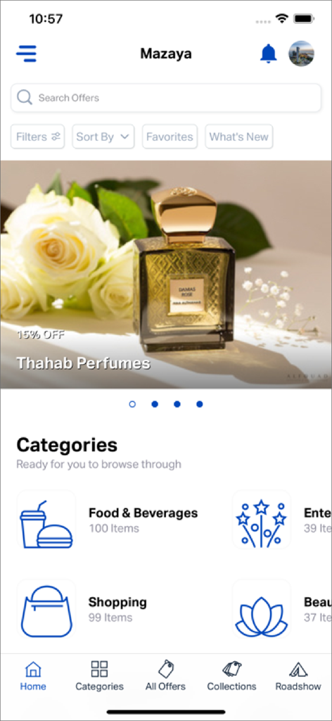 Mazaya Offers mobile app home screen showing lifestyle categories and exclusive perfume discounts