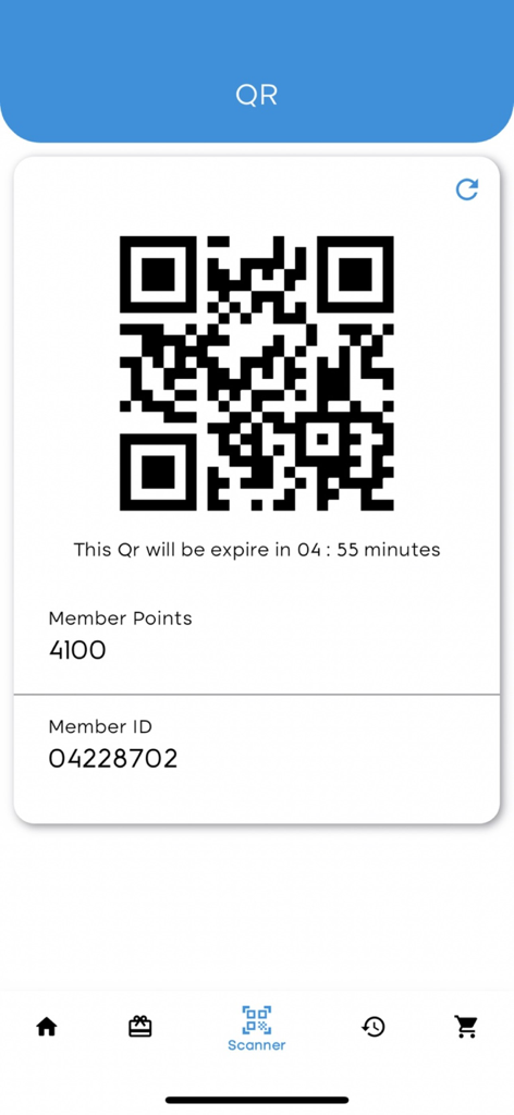 C4E Rewards mobile App zeigt einen Mitglieder-QR-Code mit Punkten und ID an