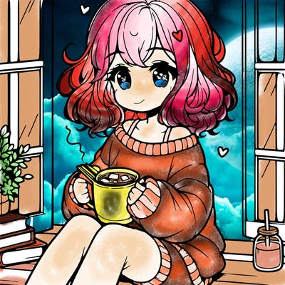 cute anime girl reading book and drinking hot chocolate from mug with loose wavy hair wearing a baggy sweatshirt and shorts sitting by windowsill looking out